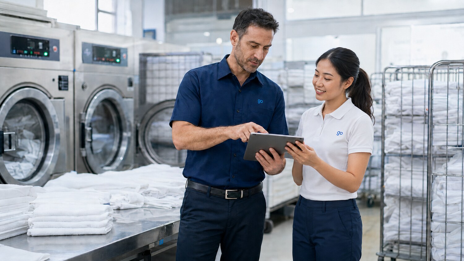 GoStock team reviewing linen operations in an industrial laundry