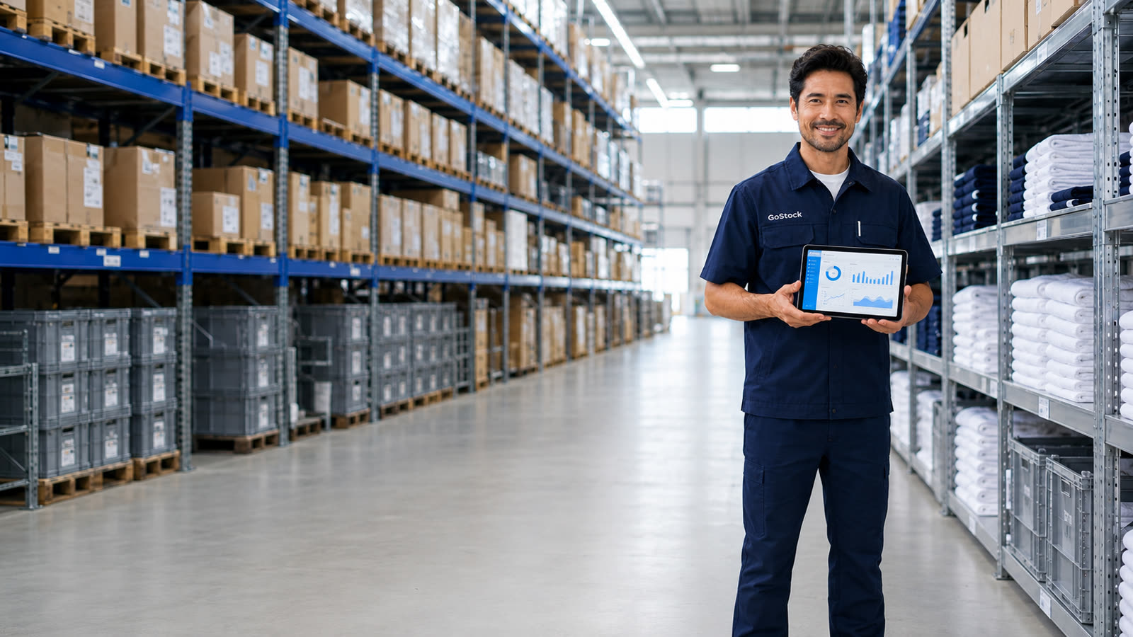 GoStock professional holding a tablet with both hands and presenting a ready-to-use RFID inventory dashboard